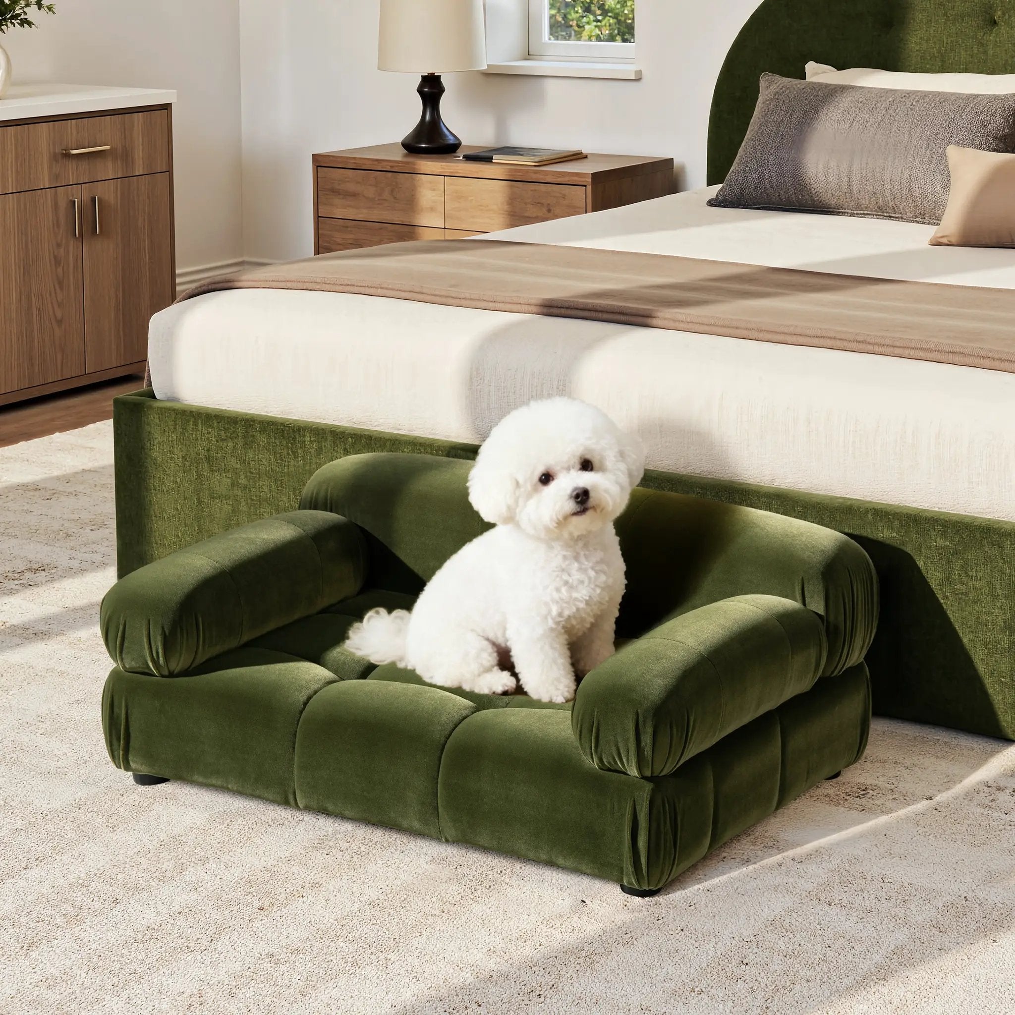 Marcel Upholstered Modern Small to Medium Pet Bed For Dogs and Cats Olive Green Velvet by HouseOfZazla