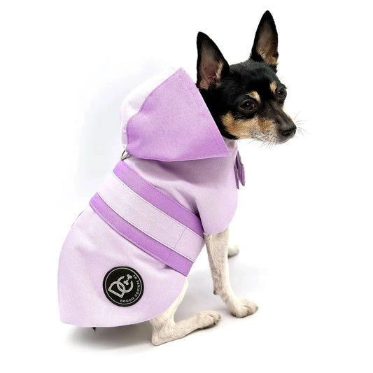DCNY Sport Luxe Hooded Raincoat for dogs in lavender with DoggieCoutureNY patch