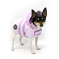 Load image into Gallery viewer, DCNY Sport Luxe Hooded Raincoat for dogs in lavender with DCNY logo patch.
