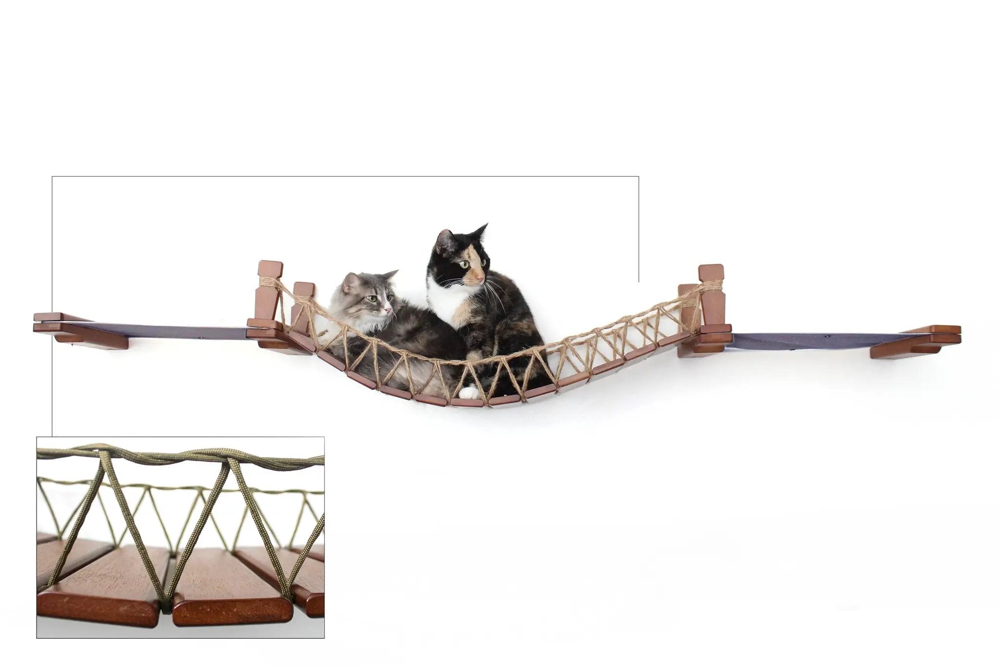 Double Cat Hammock and Climbing Bridge Combo by Catastrophic Creations; wooden frame with rope hammock and two cats