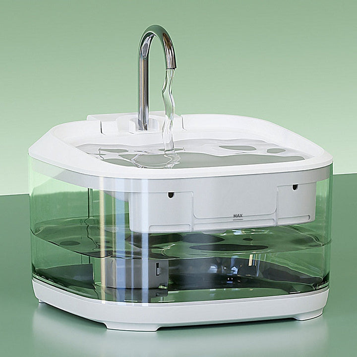 White-trim transparent fountain with curved faucet
