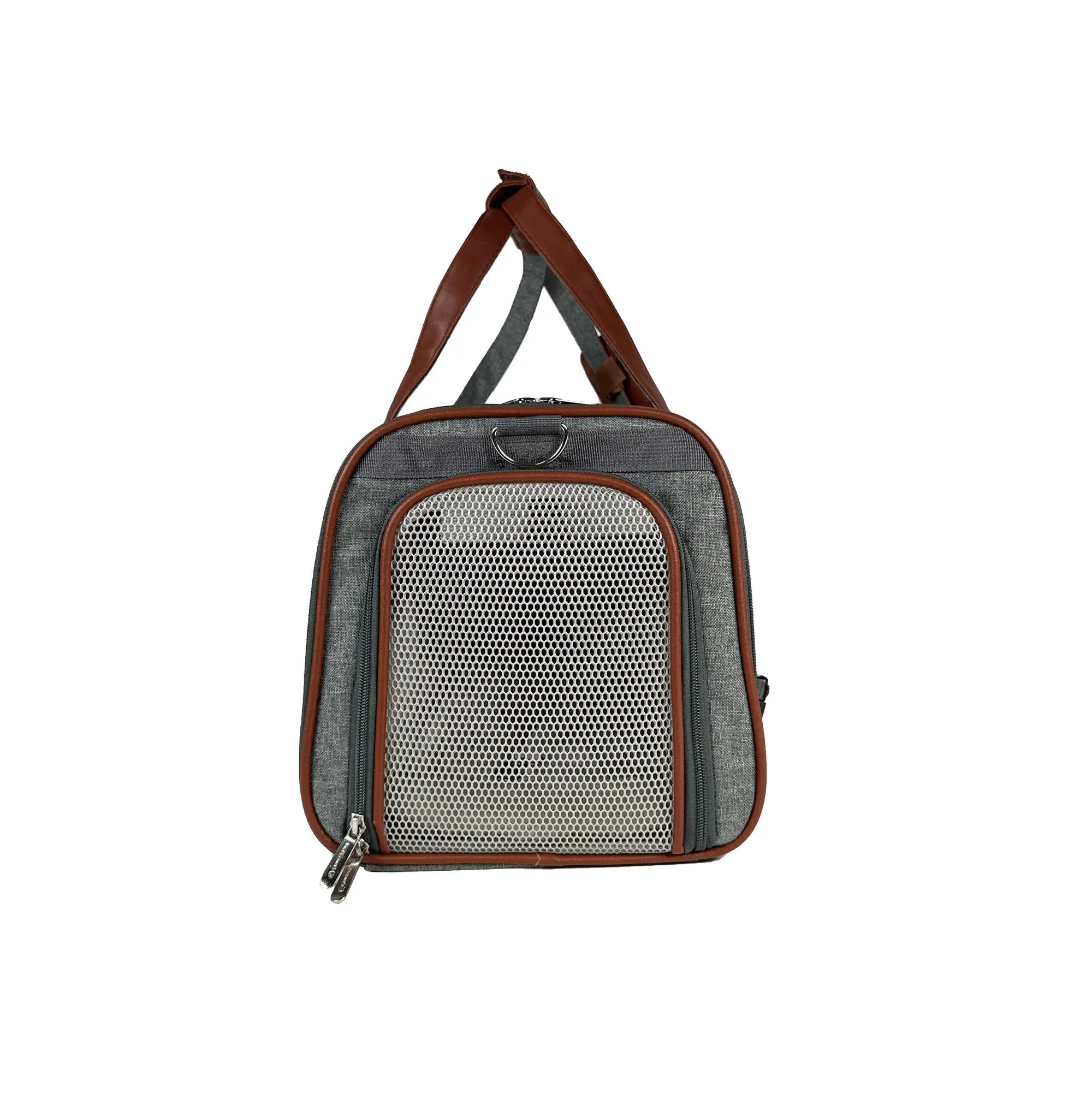 Mr. Peanut's Gold Series V2.0 Pet Carrier, gray fabric with brown faux-leather trim and mesh front.