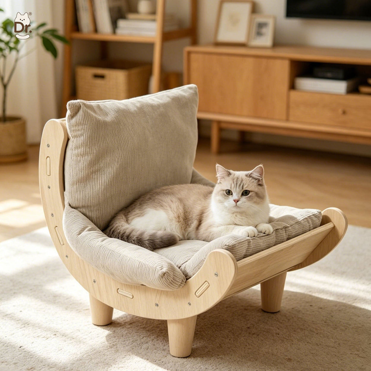 Cat resting in wood-frame lounge chair