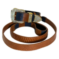 Load image into Gallery viewer, Riviera Swarovski Crystal Edition Collar and Leash Set featuring tan leather, a navy stripe, and a crystal buckle.
