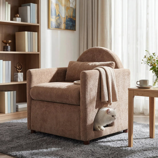 Coffee Pet Friendly Accent Chair with Hidden Pet Nook, brown upholstery; Home Furnishers.