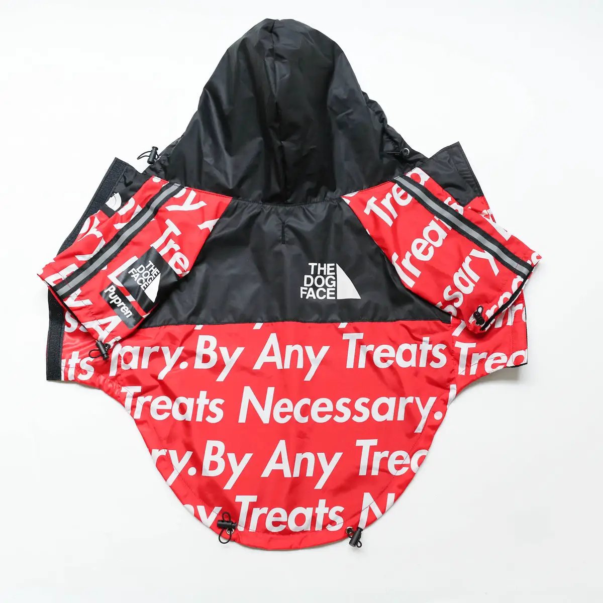 Windproof And Rainproof Dog Clothes Large Dog Raincoat Dog Pet Shell Jacket in red with black accents and text.