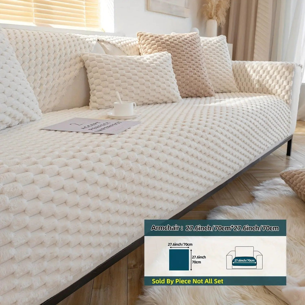 Plush Nordic Sofa Slipcover by topspet in cream knit on a white sofa with matching cushions.