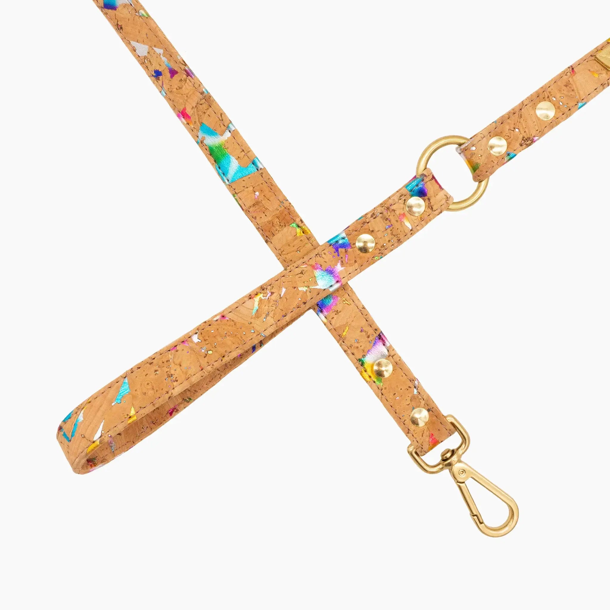 Rainbow Pride Cork Leather Leash by DIPHDA; cork leather with multicolor paint splatters and gold hardware