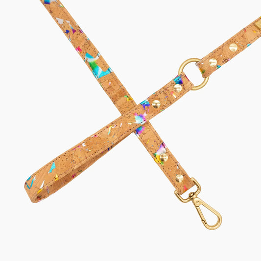 Rainbow Pride Cork Leather Leash by DIPHDA; cork leather with multicolor paint splatters and gold hardware
