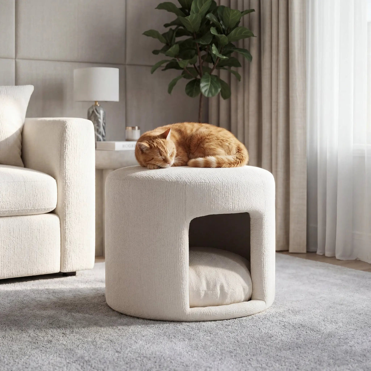 Beige pet-friendly ottoman with hidden pet nook; cat resting on one among several rounded, textured pieces.