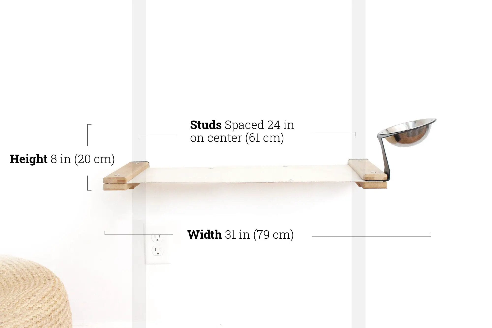 Dog proof cat feeder wall-mounted raised with metal bowl on wooden shelf, cat furniture