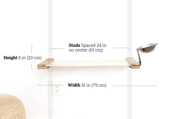 Dog proof cat feeder wall-mounted raised with metal bowl on wooden shelf, cat furniture
