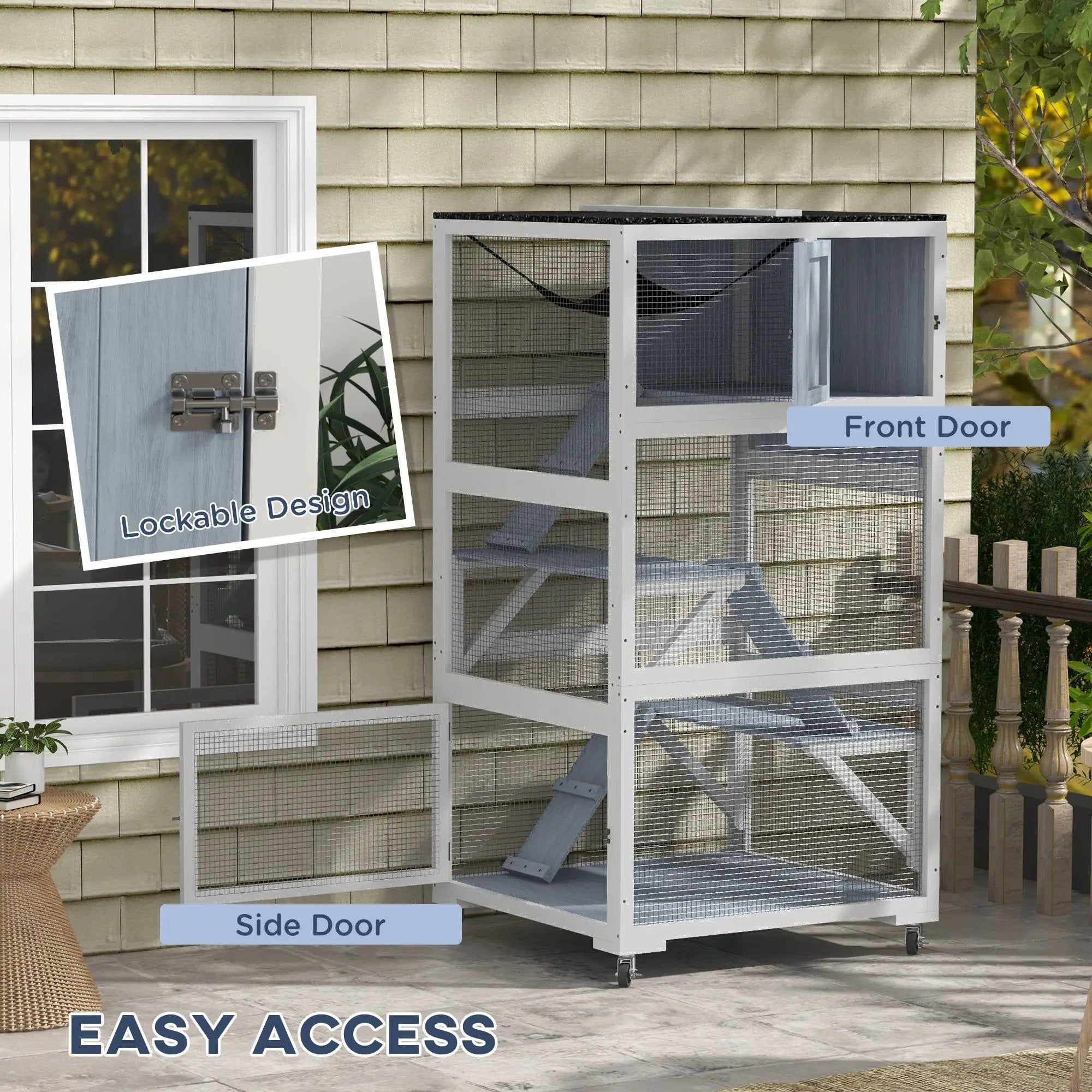 Catio outdoor cat enclosure on wheels, gray metal with mesh doors by For Animals, With Love