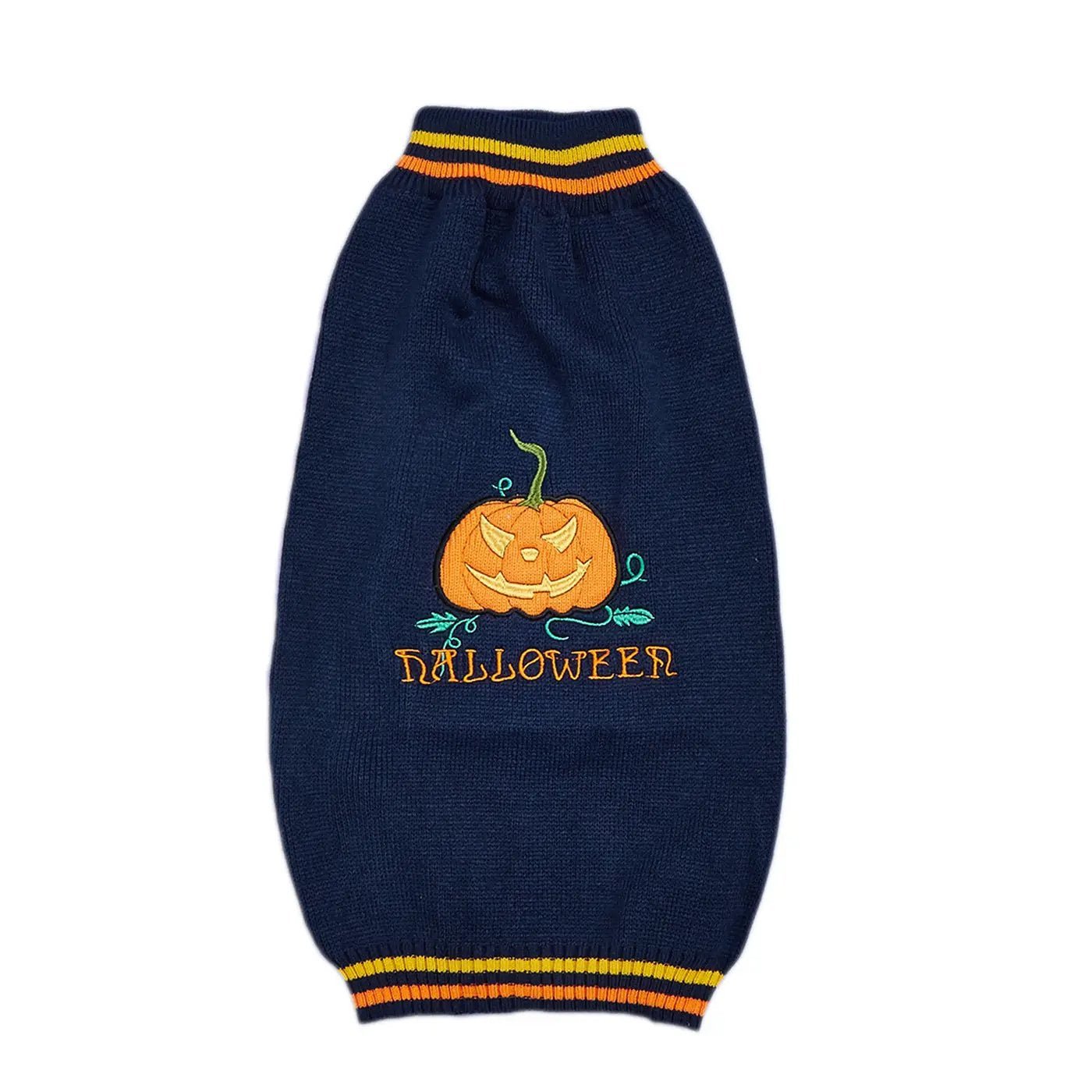 New Halloween Pumpkin Pet Sweater in Blue by Pet Zen, navy knit with pumpkin motif and orange trim.
