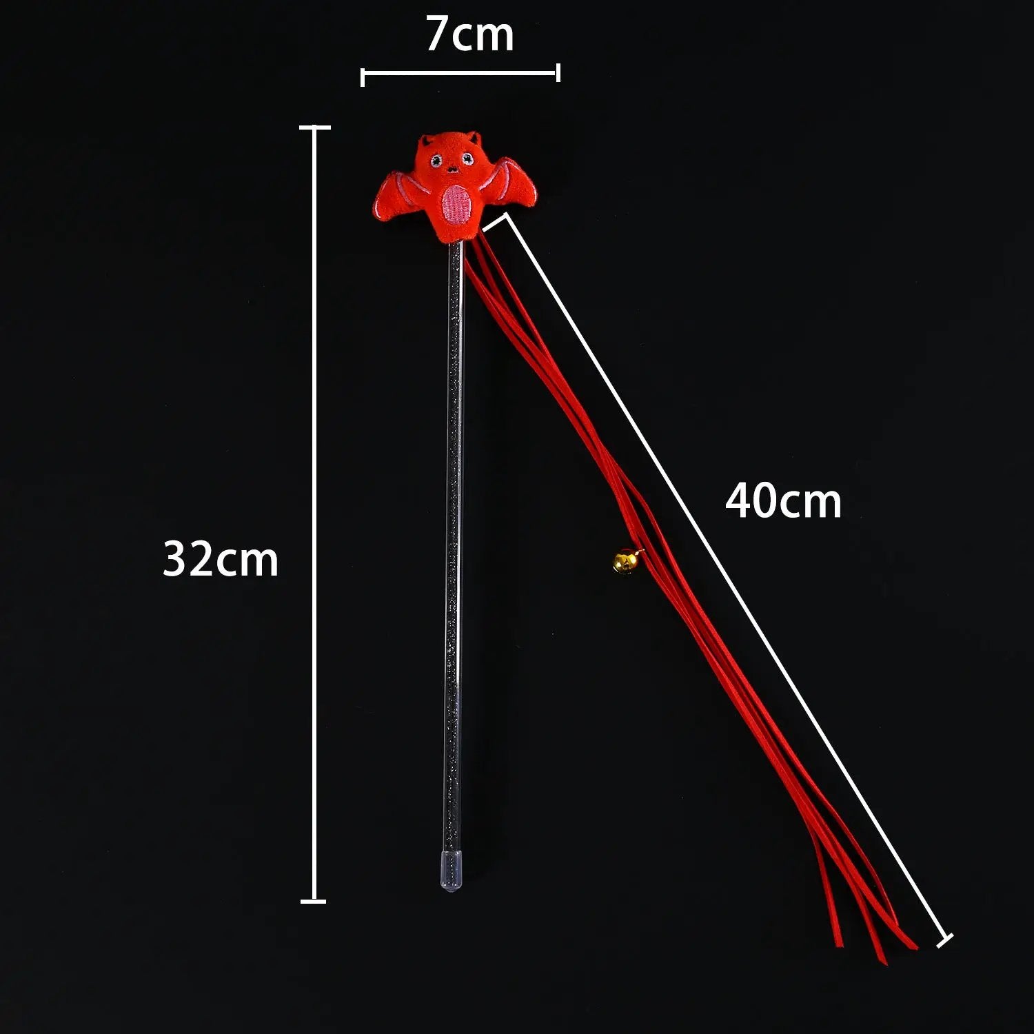 Halloween cat teaser stick with red plush bat topper, red tassels and a small bell on a black wand
