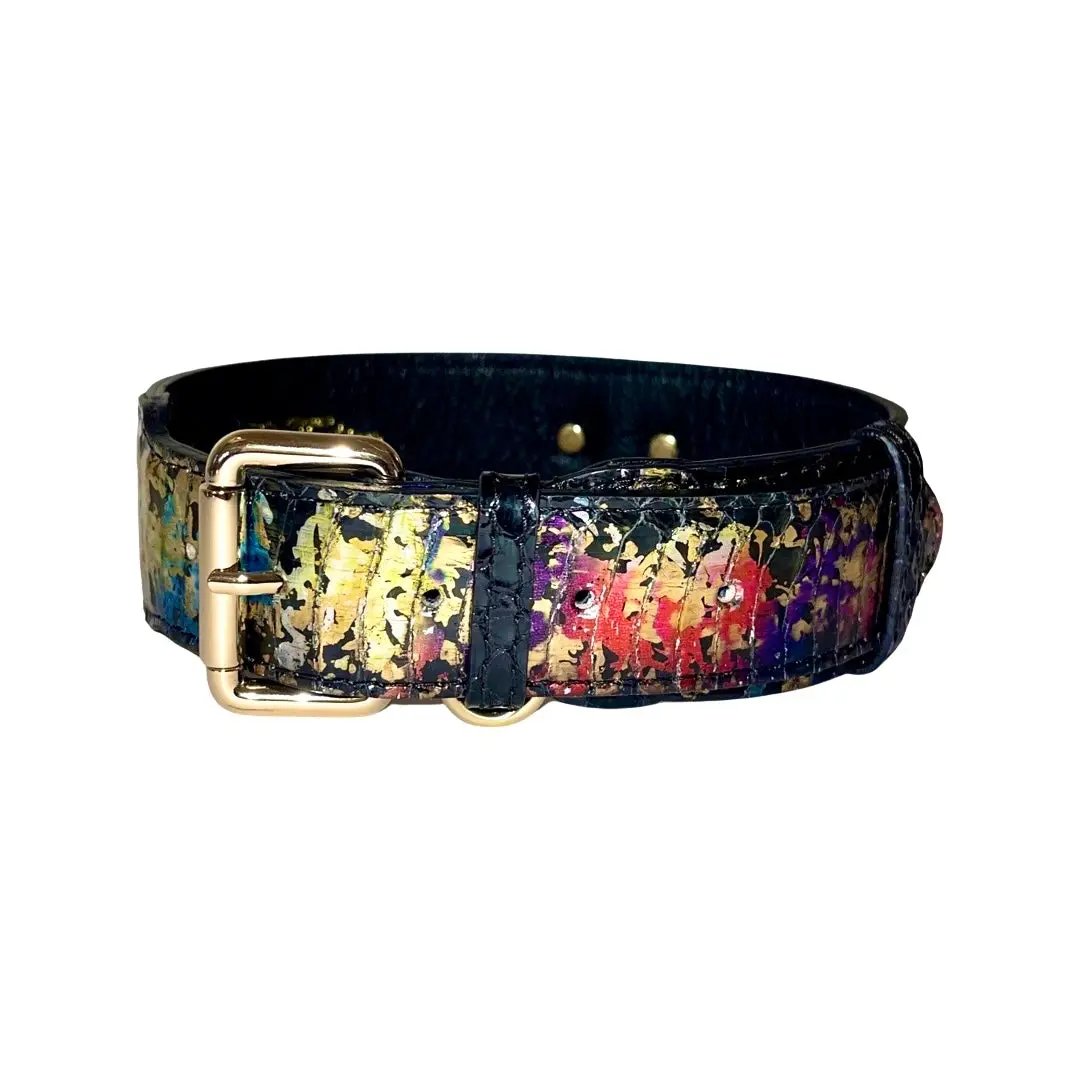 Snake collar with Art Deco multicolor splatter pattern and gold-tone hardware