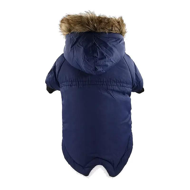 Dog Clothes Winter Thickened Warmth Cotton Pet Dogs Coat Jacket in blue with plush fleece hood and waterproof fabric.