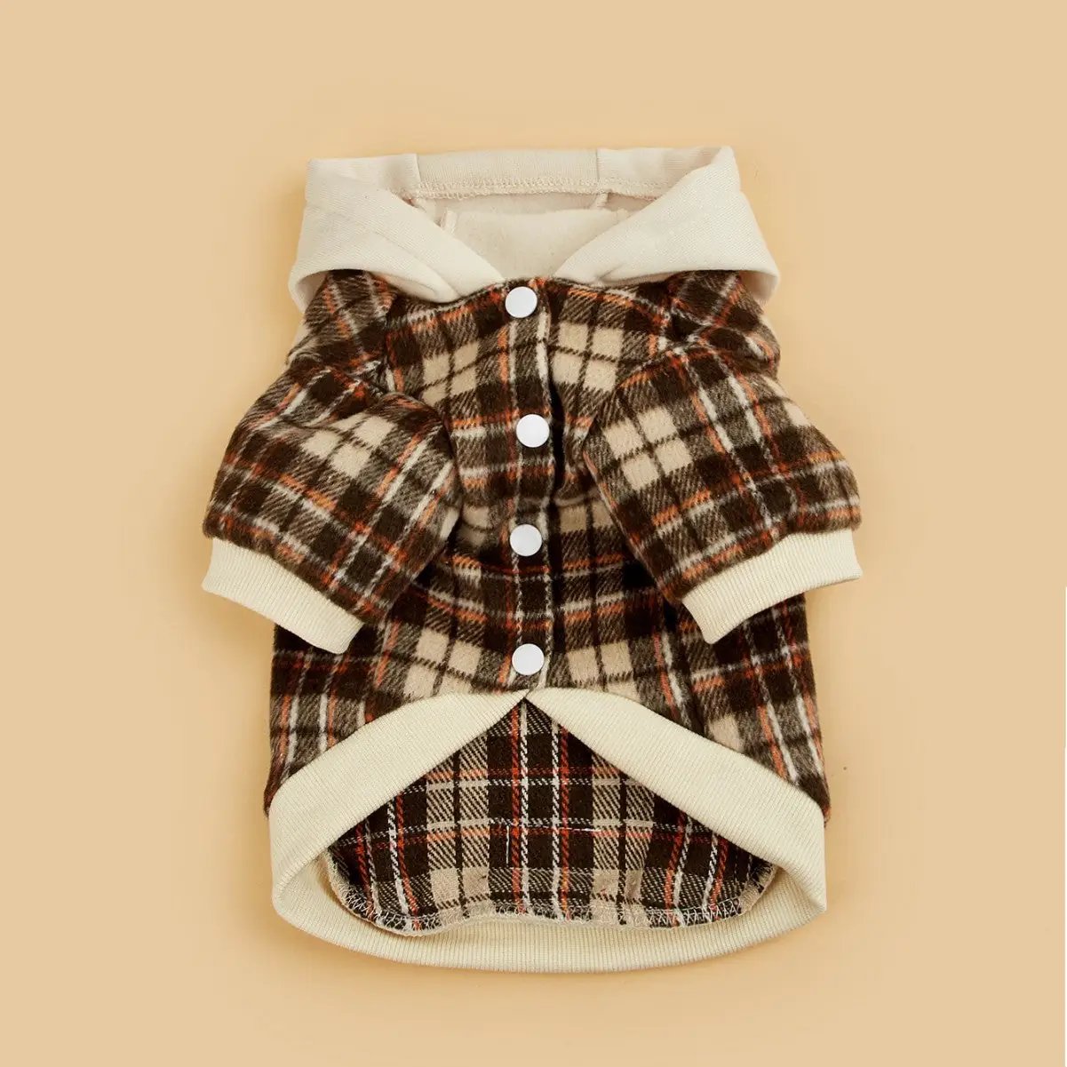 Dog coat by Pet Zen; thick plaid autumn/winter jacket in brown cream with white snaps