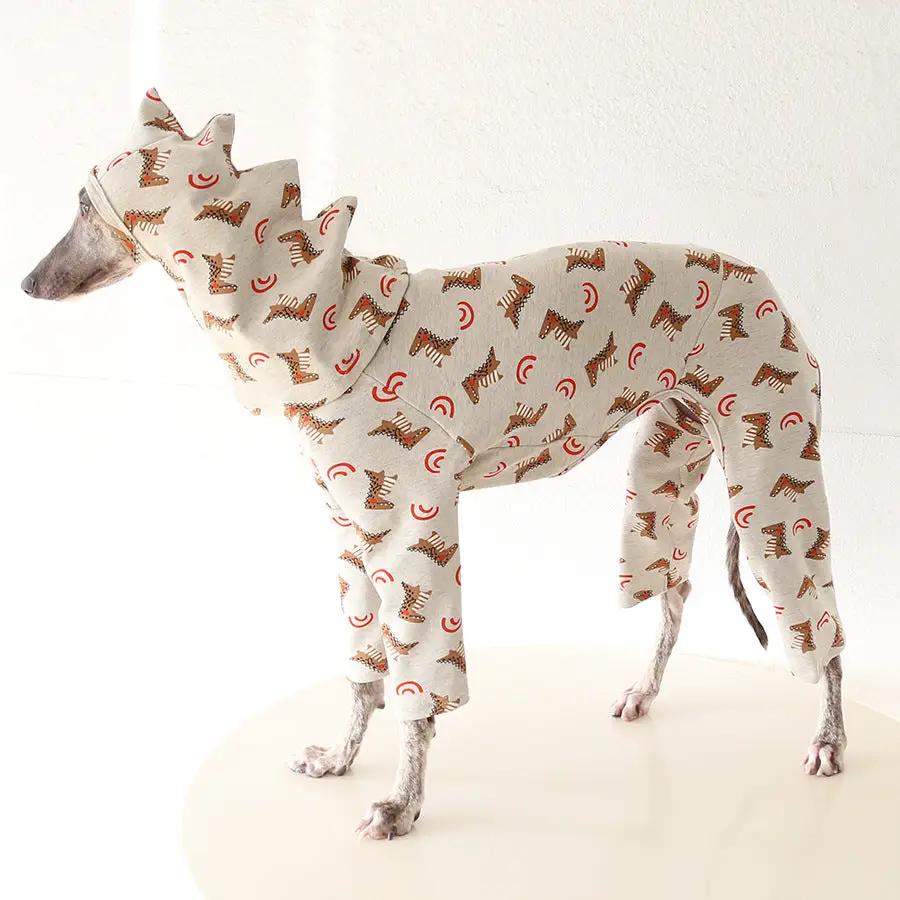 Whippet and Greyhound Dinosaur Cotton Pajamas for dogs by SOCKPET in cream with brown dinosaur prints
