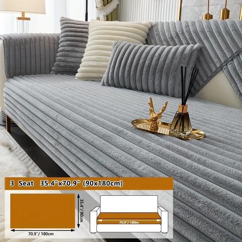 Luxurious rabbit fur sofa slipcover for 3-seat sofa, non-slip light grey, dog use