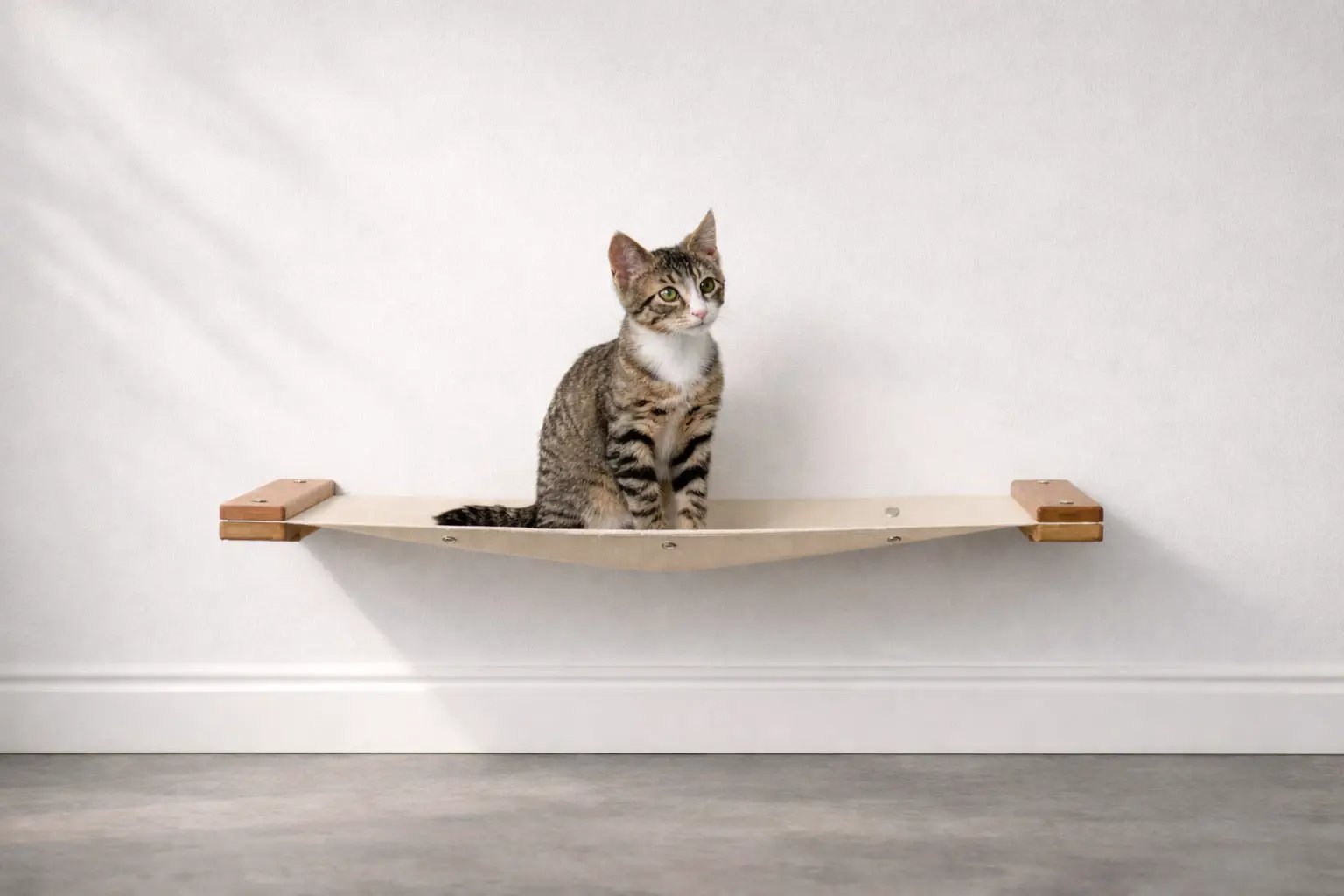 Hanging Cat Bed Hammock with beige fabric and wooden end mounts, cat seated on it.