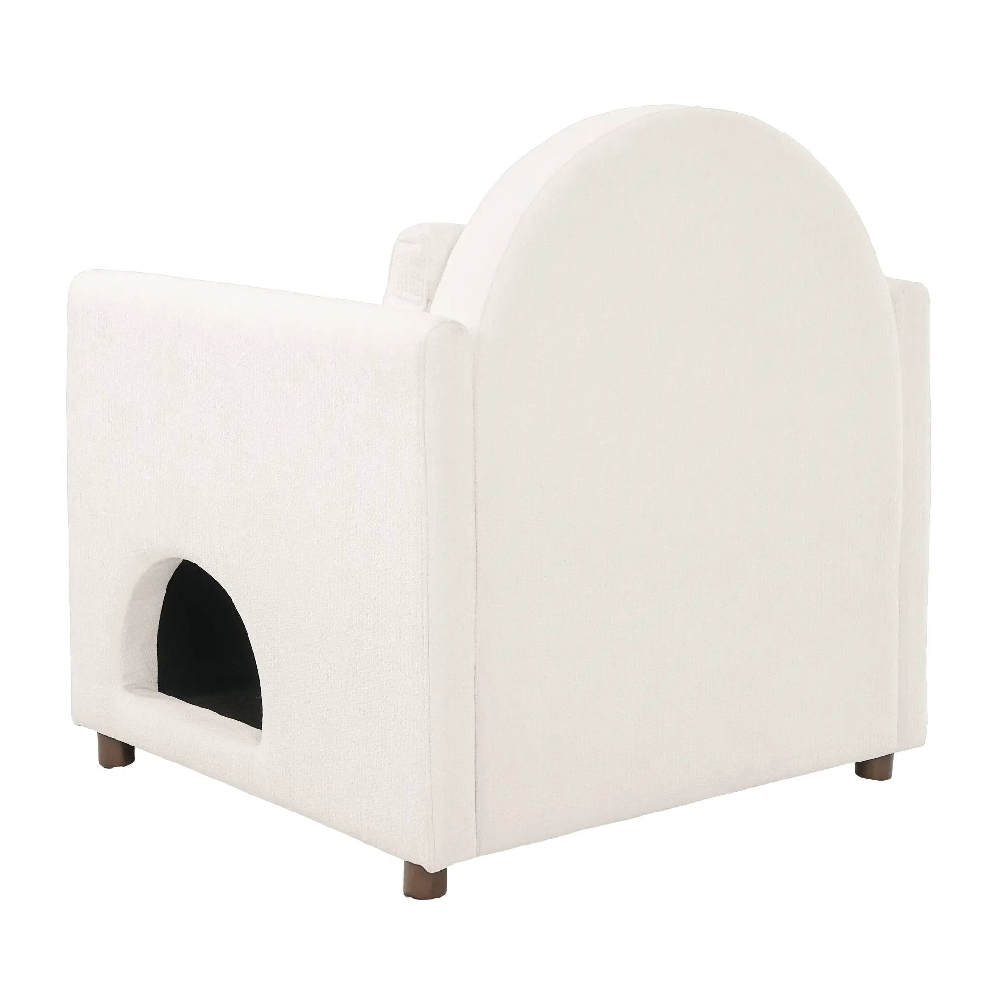 Beige pet-friendly accent chair with hidden pet nook, fabric upholstery, wooden legs