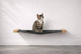 Load image into Gallery viewer, Hanging Cat Bed Hammock in dark gray fabric with wooden ends by Catastrophic Creations
