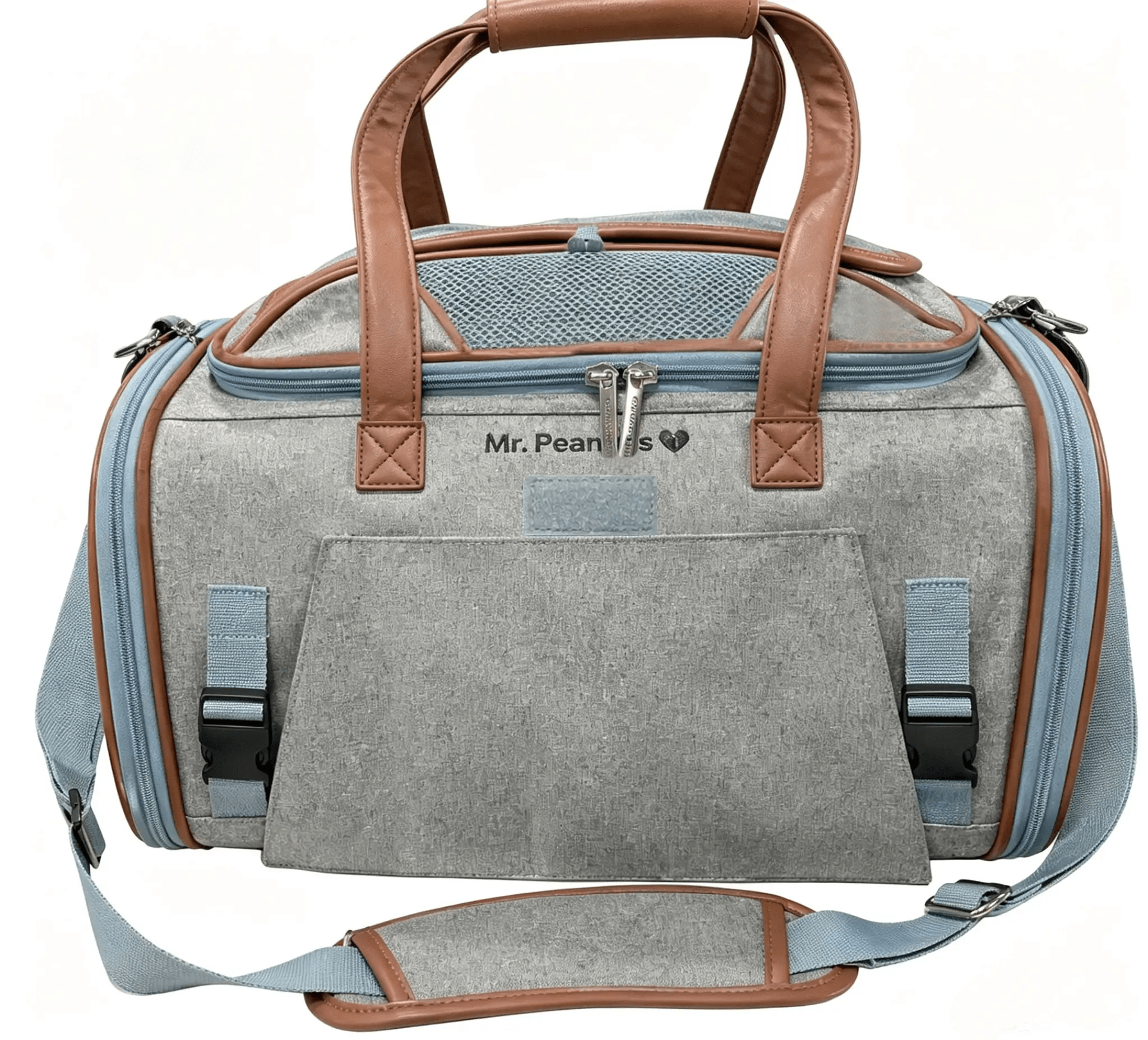 Mr. Peanut's Gold Series Mini Expandable V3.0 Pet Carrier; air travel approved, gray fabric with tan leather handles