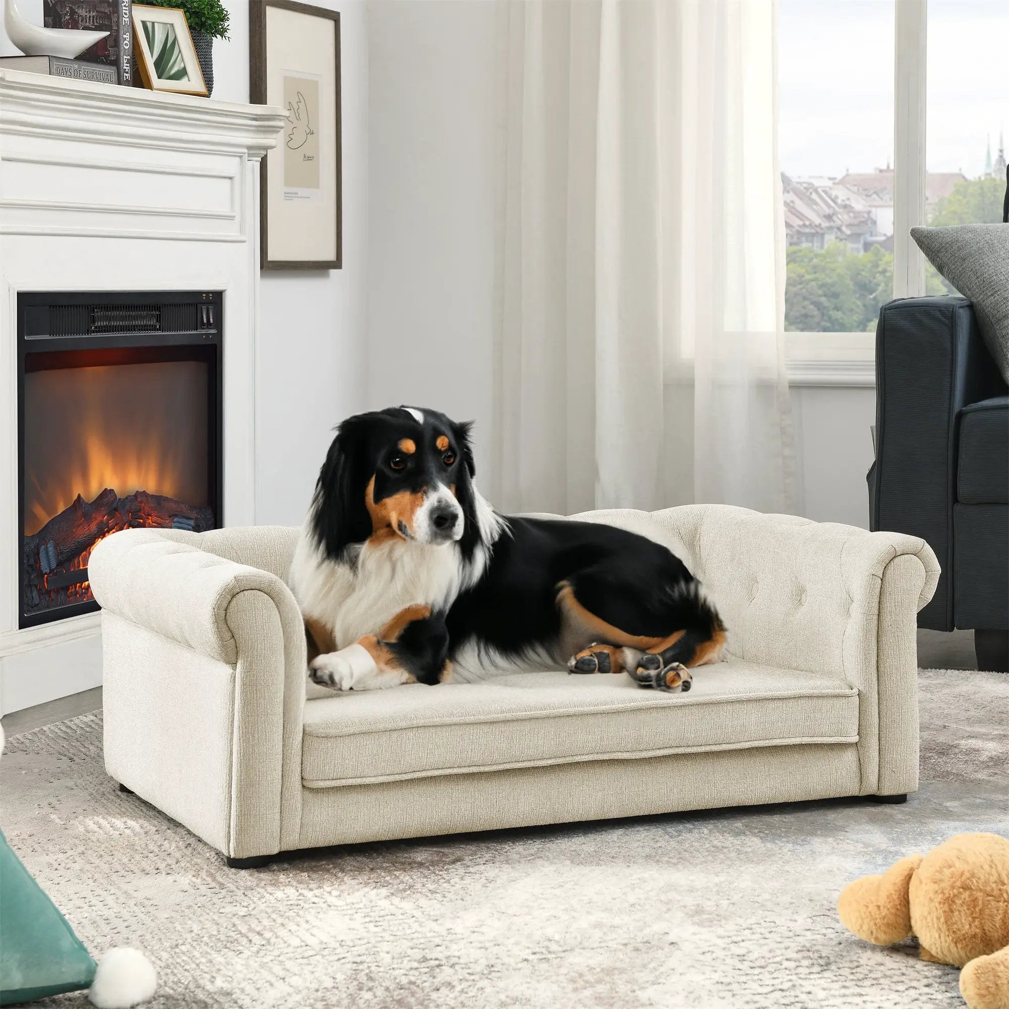 Large Beige Elevated Pet Sofa Bed Indoor Lounge For Dogs And Cats by V.I.P Digital Presence
