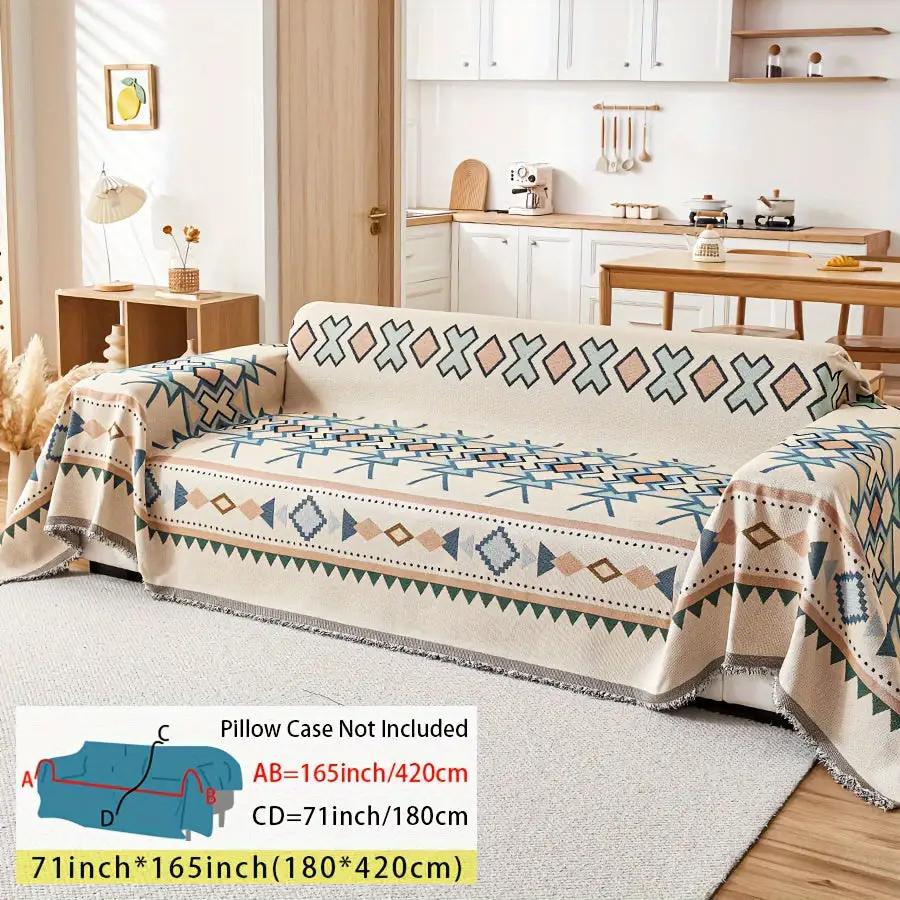 Extra Large Sofa Cover by topspet, stretchable beige sofa protector with blue/brown geometric pattern, 71x165 inches.
