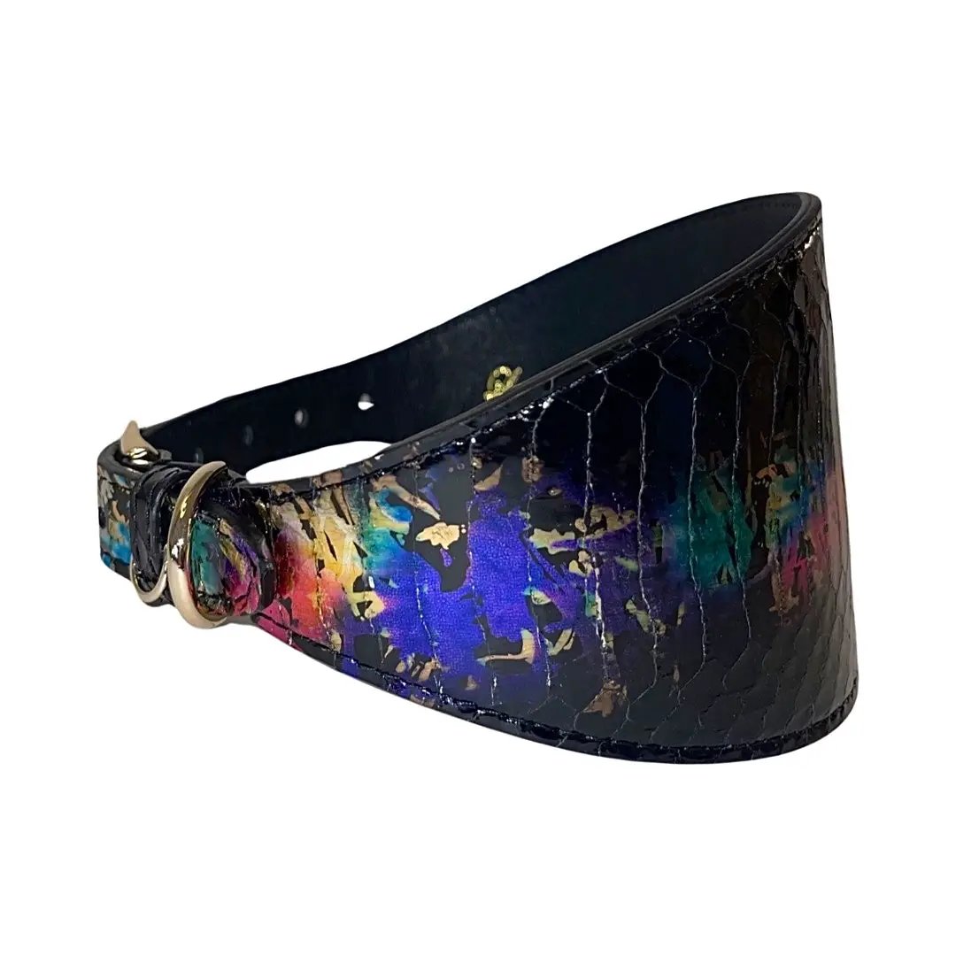 3-inch Wide Multi-Color Art Deco Snake Collar; Allysa Payne Beverly Hills, black croc-embossed leather, gold hardware.