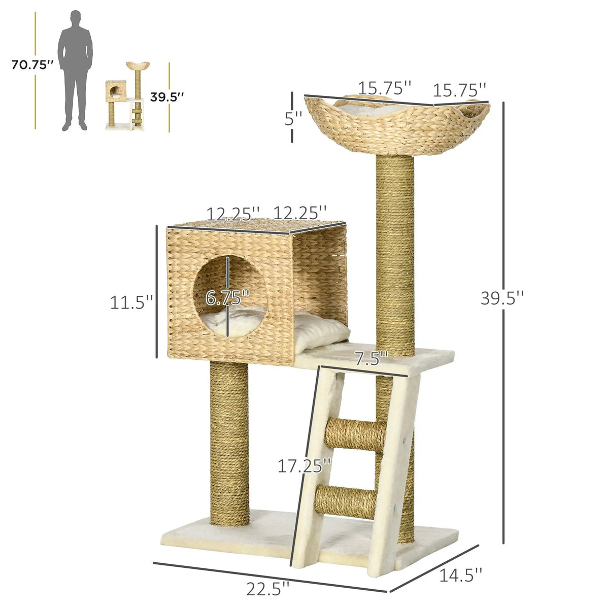 Pear Daisy Cattail Weave Cat Tree for indoor cats; woven rattan multi-level tower with sisal posts