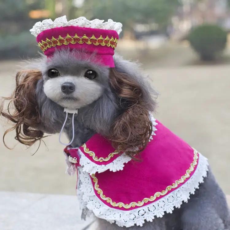 Dog Christmas costume in bright pink with white lace trim and gold piping