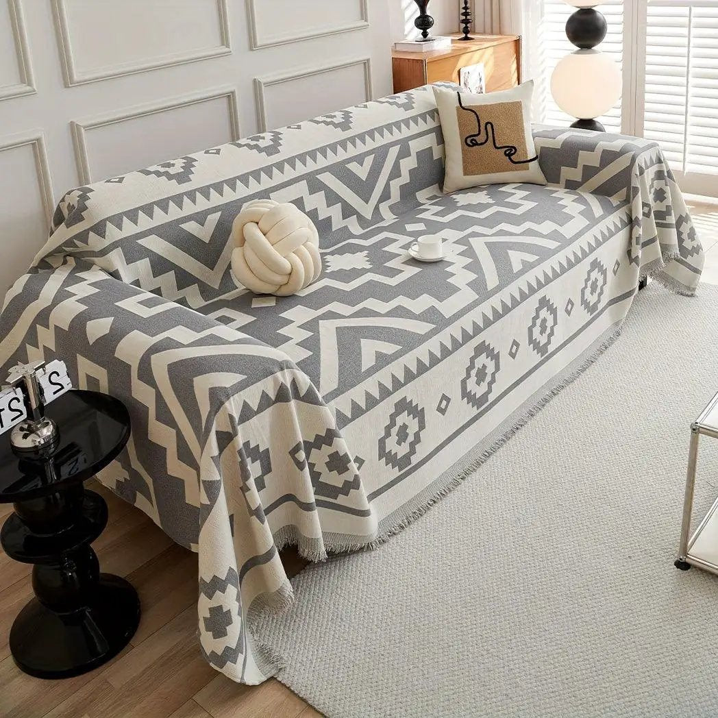Boho-Chic All-Season Sofa Cover by topspet in light gray geometric pattern; pet-proof couch protector