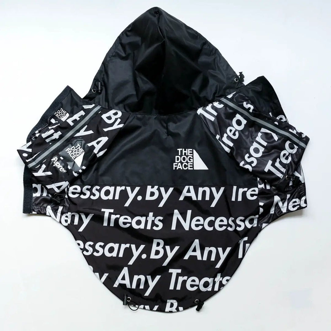 Windproof And Rainproof Dog Clothes Large Dog Raincoat Dog Pet Shell Jacket in black with white text design.