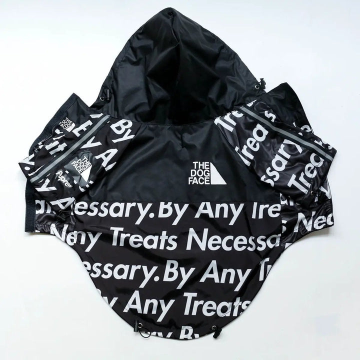 Windproof And Rainproof Dog Clothes Large Dog Raincoat Dog Pet Shell Jacket in black with white text design.