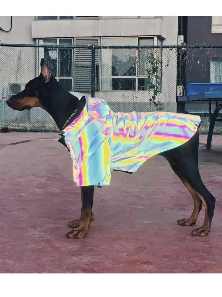Microcrystalline reflective hooded dog coat by Pet Zen in rainbow tie-dye colors.