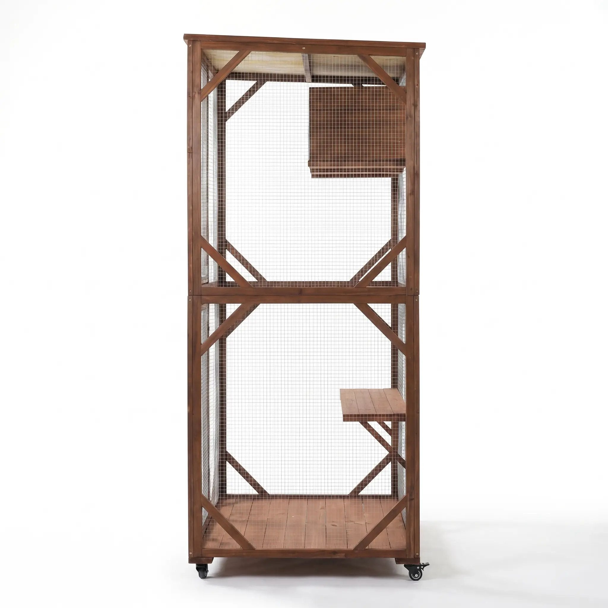 Large 2-tier outdoor wooden cat enclosure on lockable wheels; brown solid fir with predator-proof wire mesh