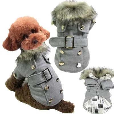 Dog clothes warm cotton pet clothing - warm furry jacket coat for dogs in grey with stylish fur collar and buttons.