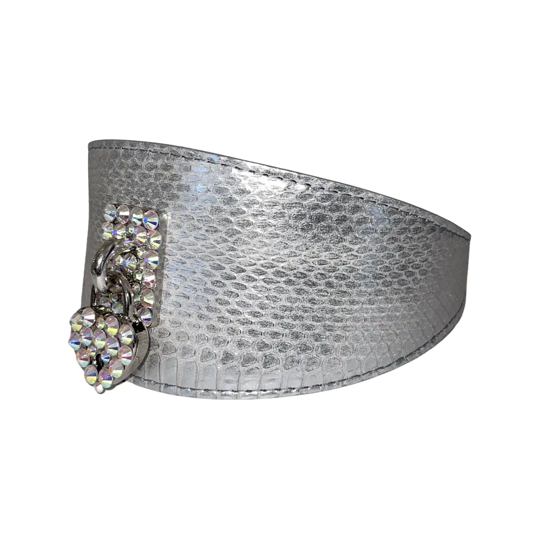 Silver snakeskin cuff bracelet from Love Collection by Allysa Payne Beverly Hills with crystal cluster accent