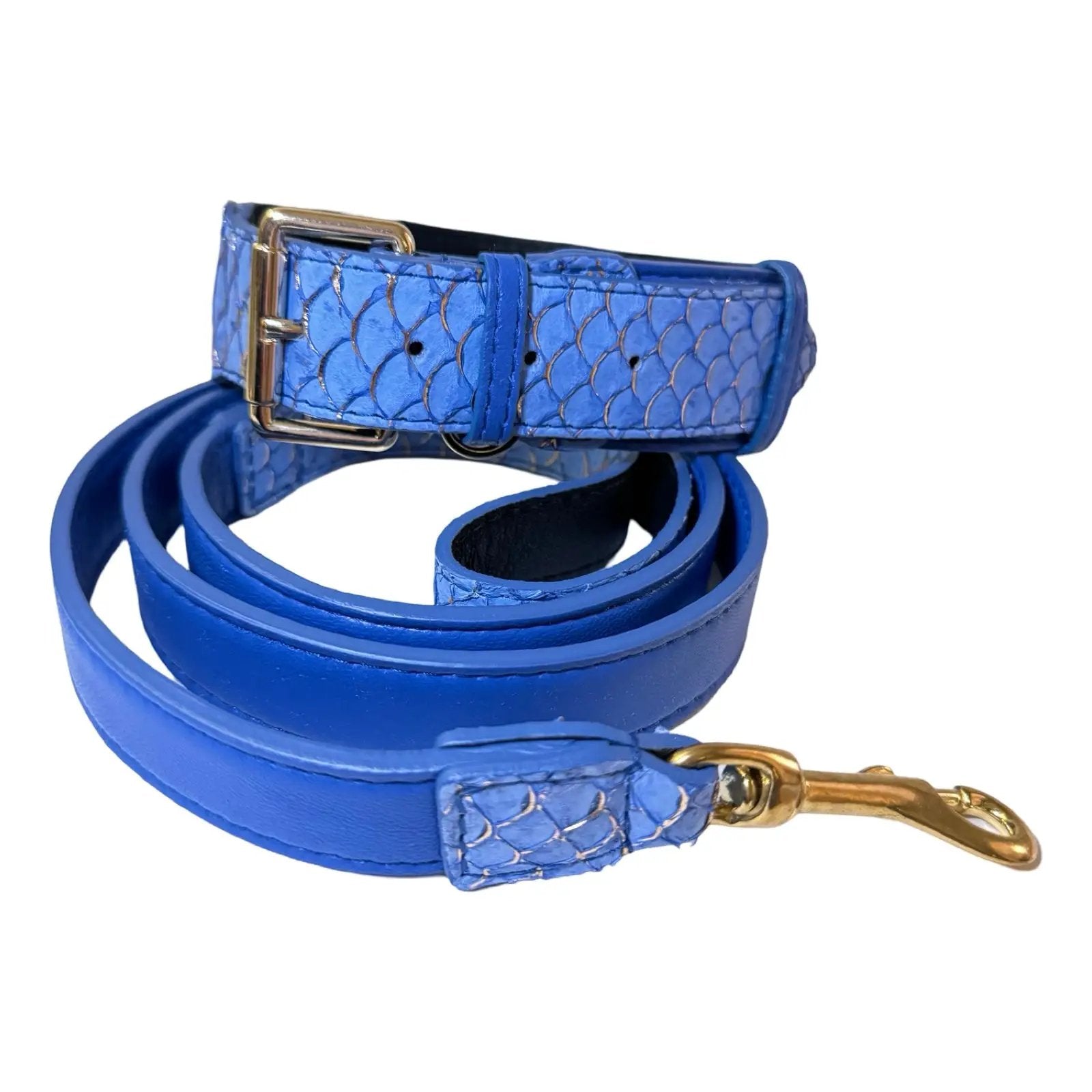 Malibu Classic collar & leash set in blue embossed leather with gold hardware
