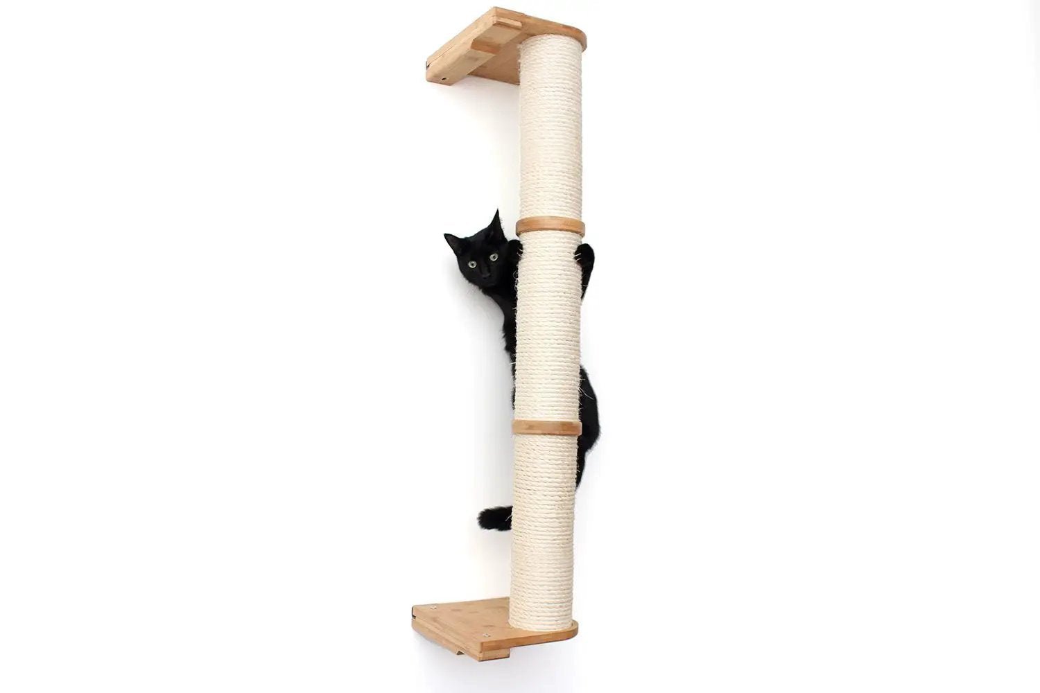 Wall Mounted Cat Climbing Pole with sisal rope and wooden mounts by Catastrophic Creations.