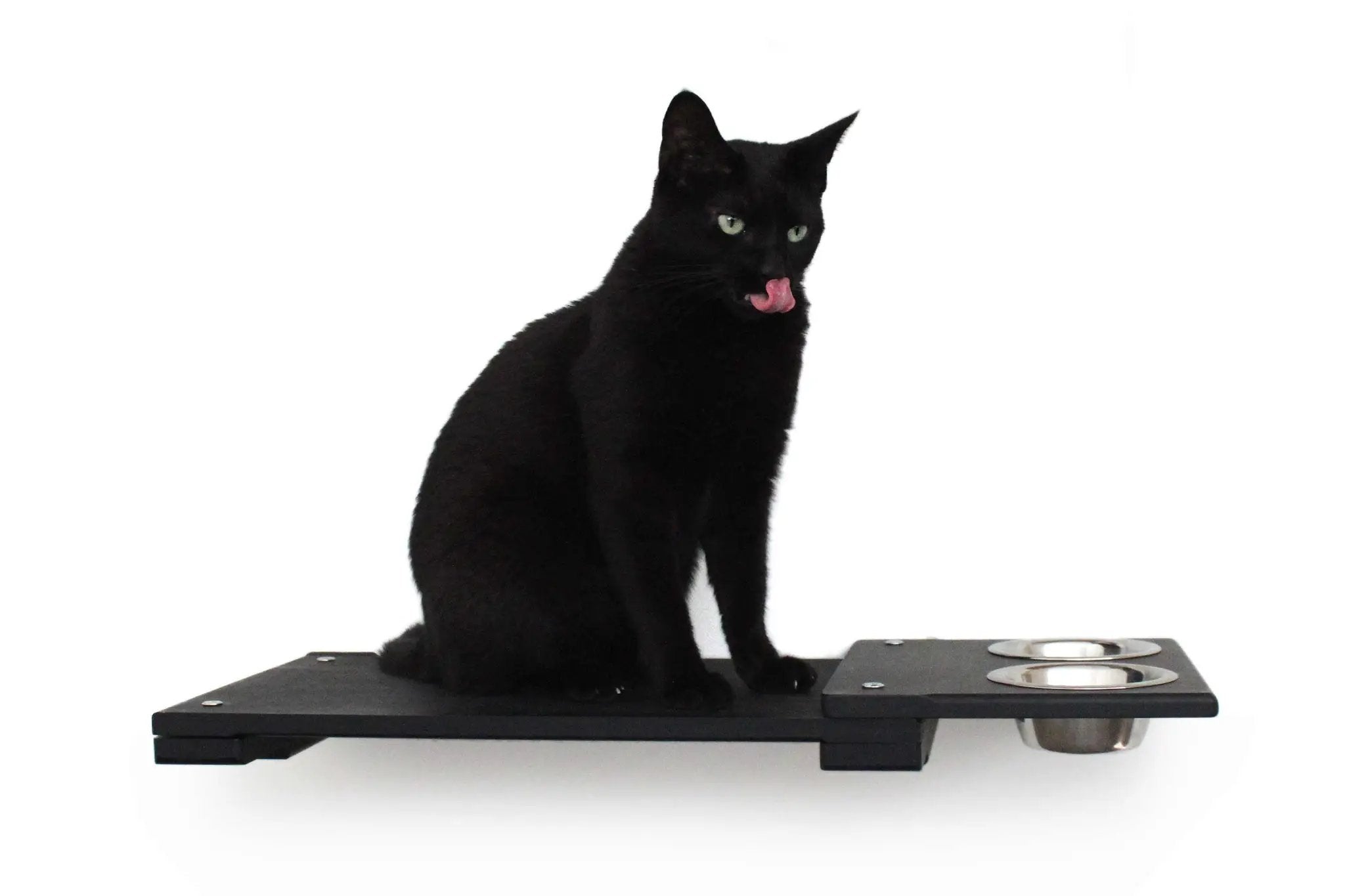 Wall-mounted cat feeding shelf with two stainless steel bowls and a black cat with tongue out perched on top.