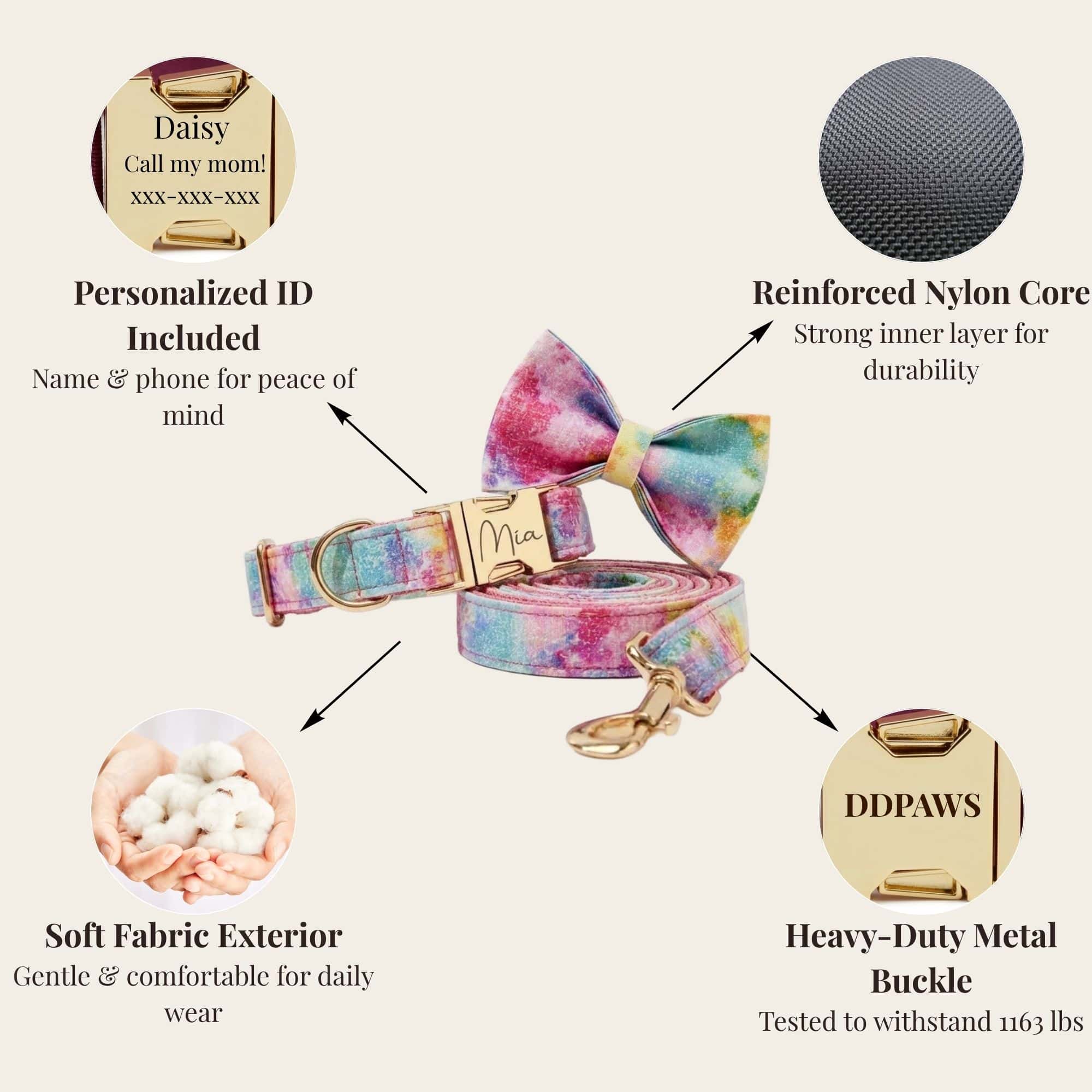 Premium Dreamy Rainbow Print Set Complete Three Piece Dog Harness Collar Leash Collection by DDPaws