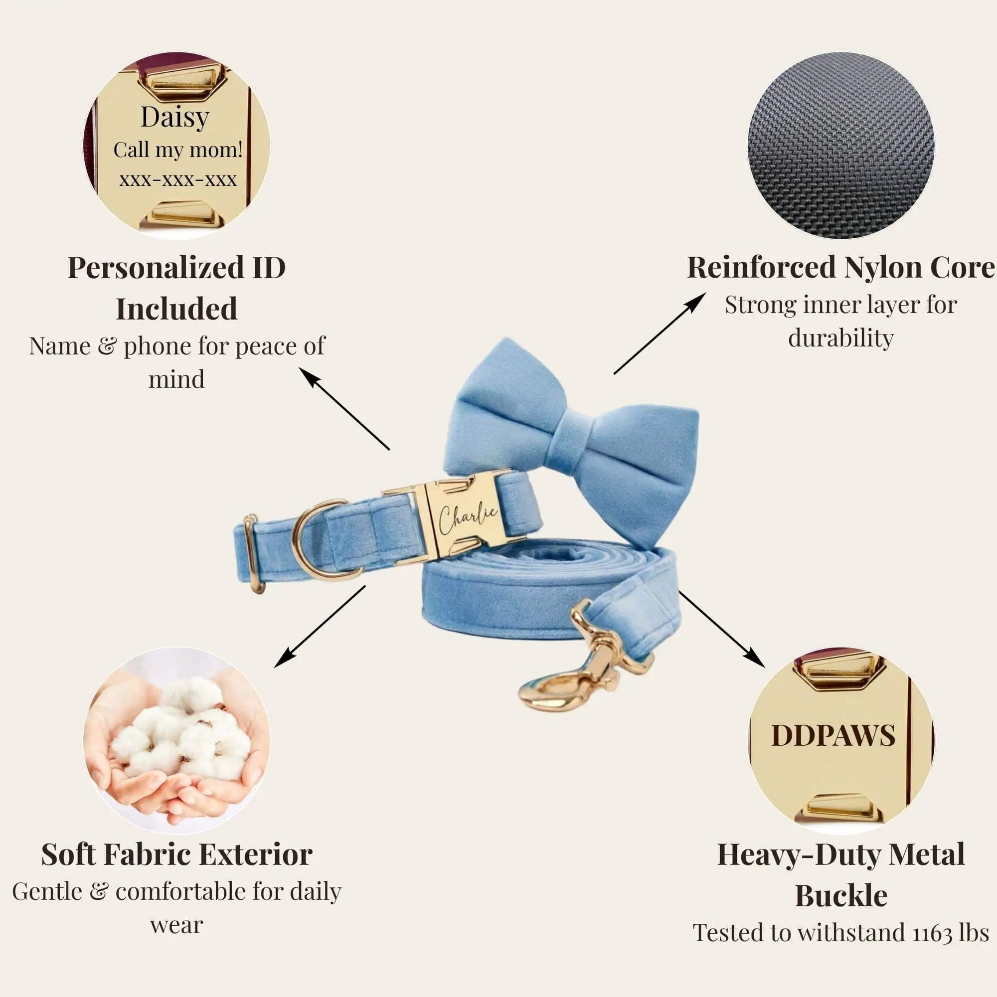 Luxury Blue Velvet Custom Dog Harness Set No Pull Sleek Hardware by DDPaws