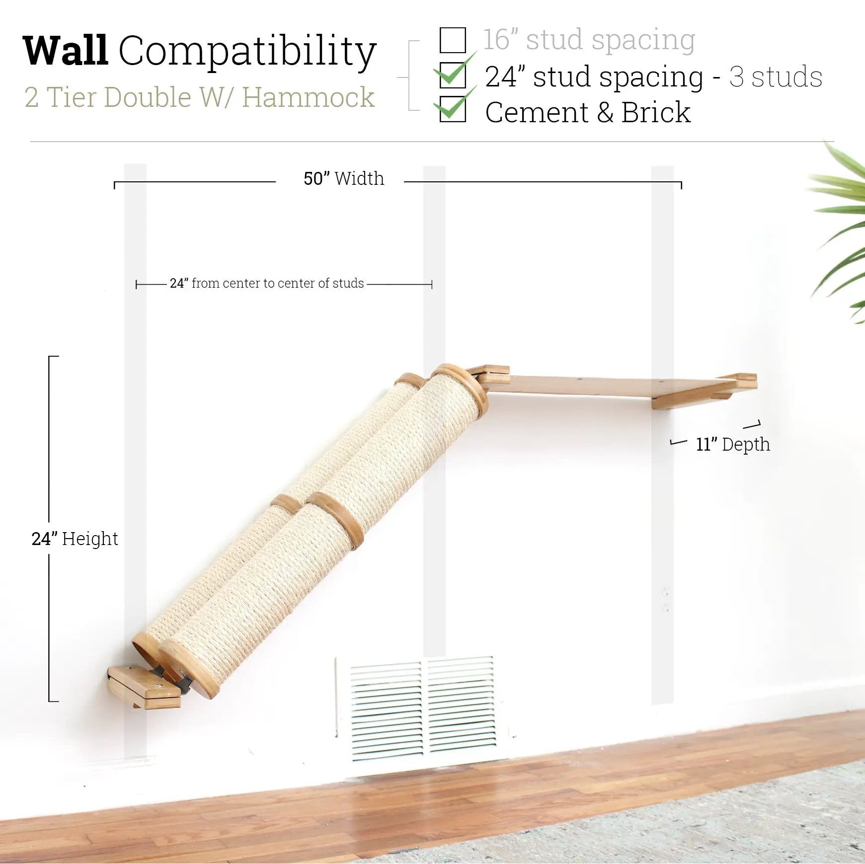 Slanted Cat Scratcher for Wall; beige sisal rope with wood ends by Catastrophic Creations