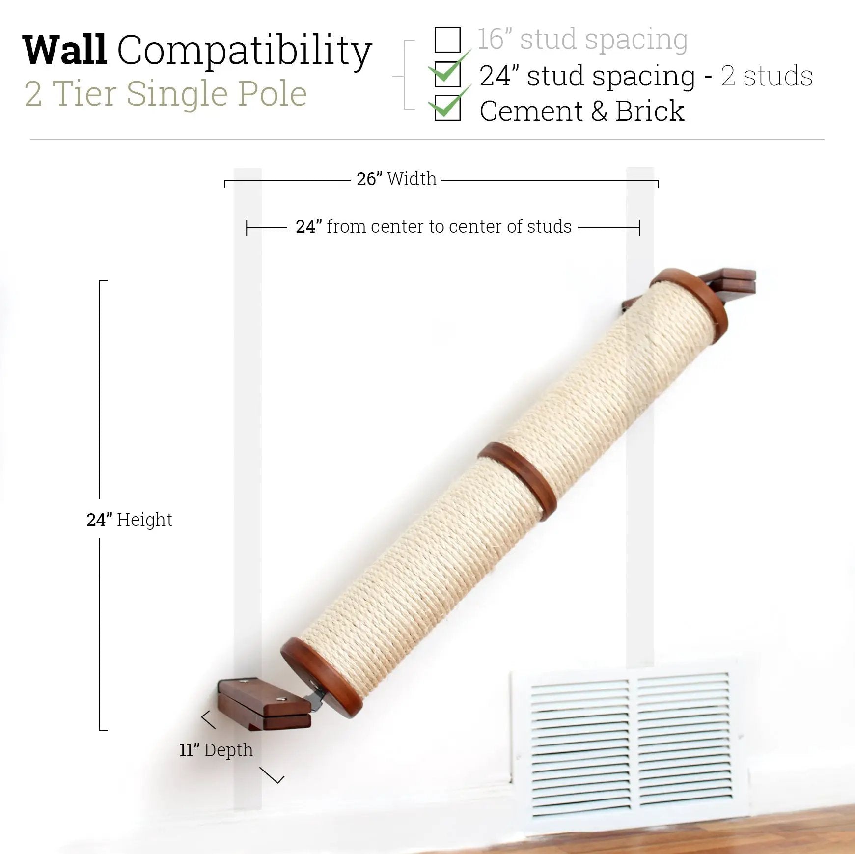 Slanted Cat Scratcher for Wall by Catastrophic Creations; rope-wrapped scratching post mounted on wall with wood ends
