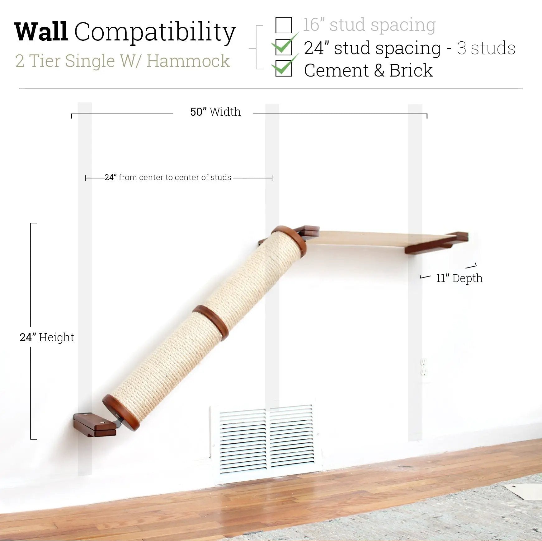 Slanted cat scratcher for wall with beige sisal rope and wooden ends, wall-mounted cat steps & ramps