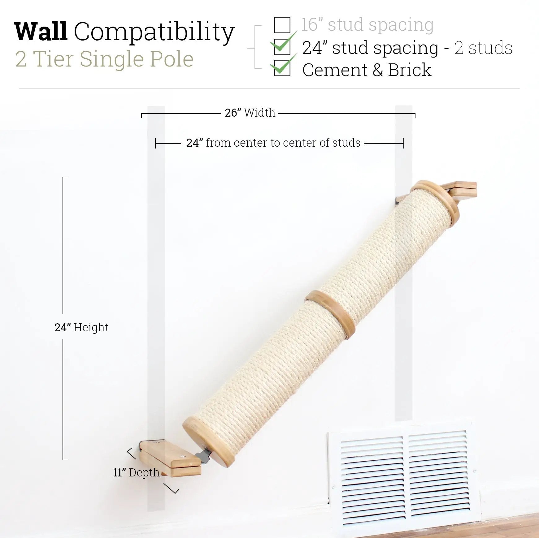 Slanted Cat Scratcher for Wall, beige rope-wrapped ramp with wood ends, wall-mounted