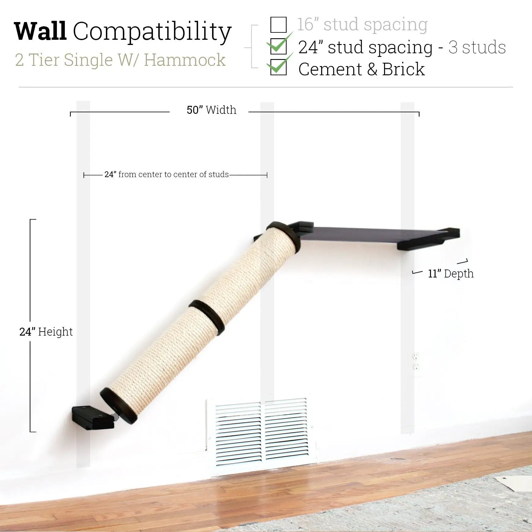 Slanted wall-mounted cat scratcher with beige sisal rope and dark end caps
